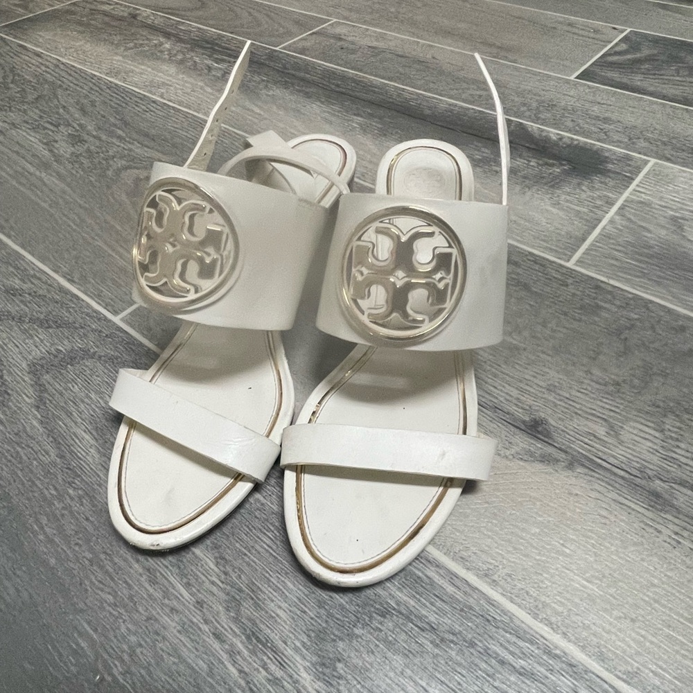 Tory Burch White Sandals with Logo Accent